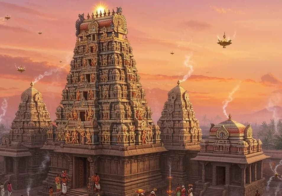 A South Indian temple gopuram illuminated against a warm sunset sky