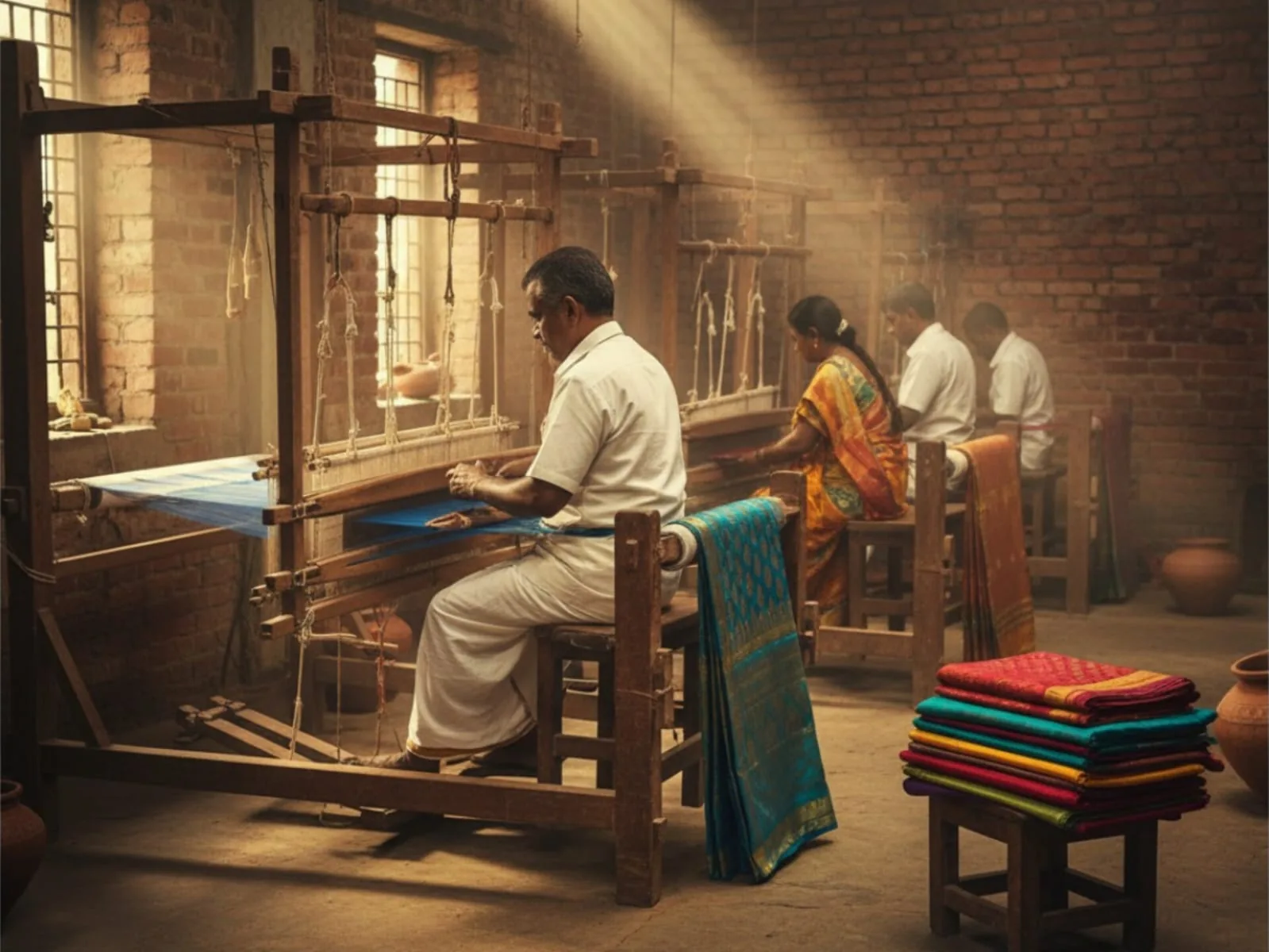 A traditional handloom weaving workshop with sunlight streaming through a window and stacked coloured cloth